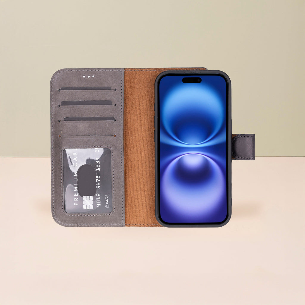 Leathere iPhone 17 Wallet Case – Gray - New York